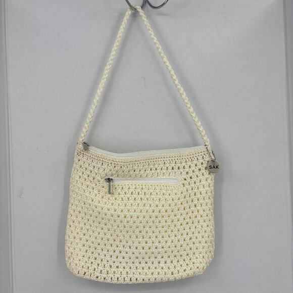 The Sak Crossbody Handbag Cream Crochet Woven Hobo Bag Pockets Zip Top Lined - Picture 5 of 10